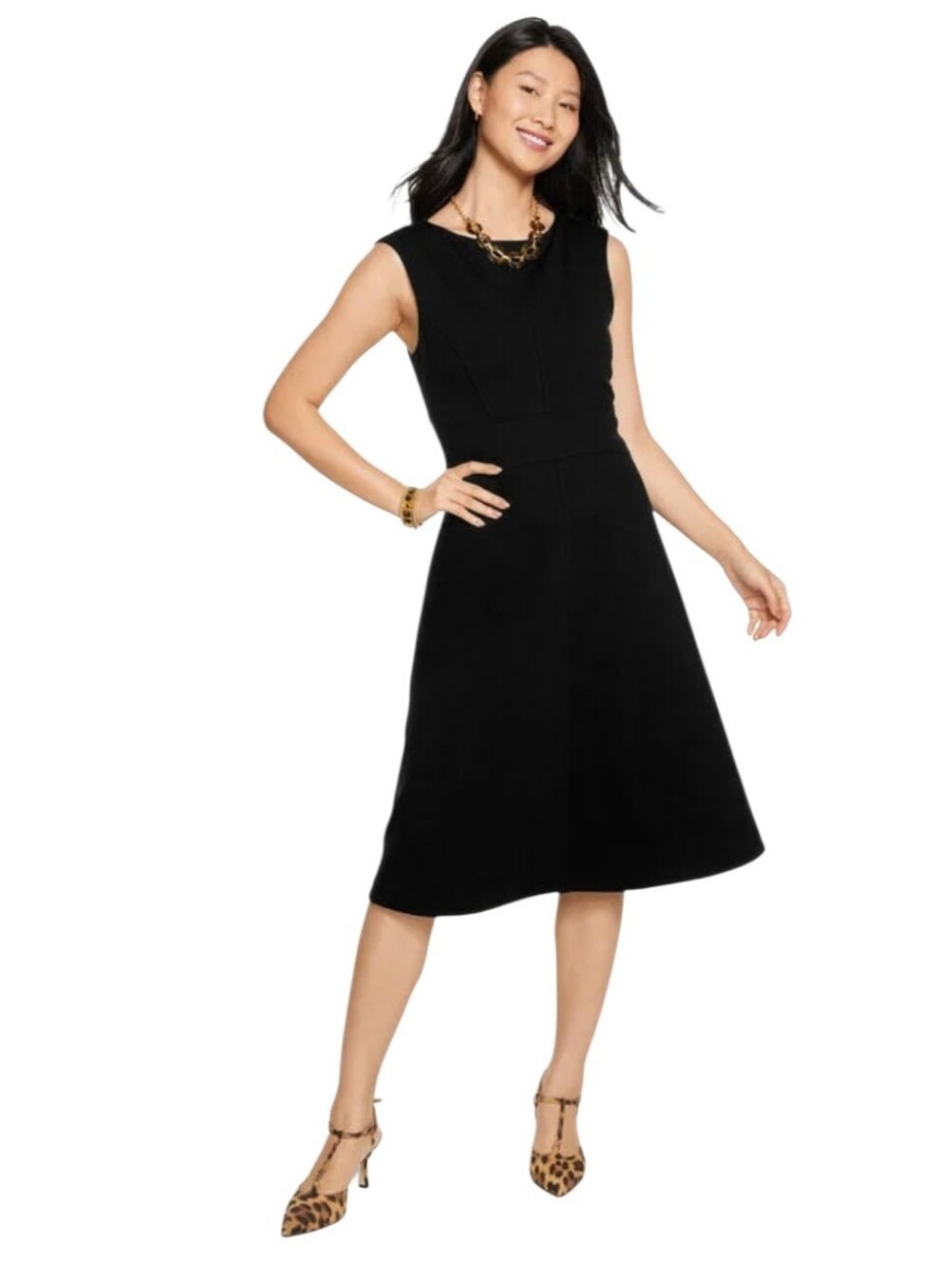 Talbots Luxe Ponte Fit & Flare dress women's 10 black sleeveless stretch lined